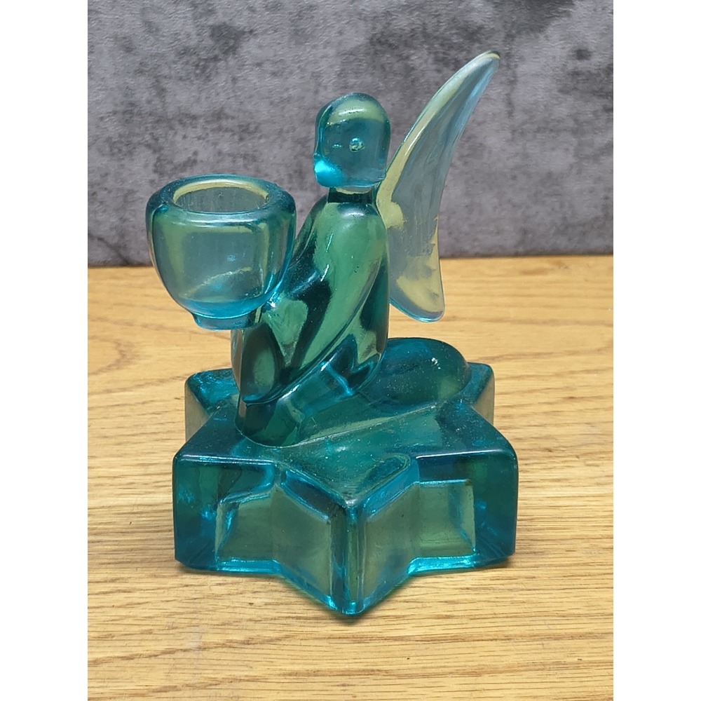 Vintage Blue Glass L. E. Smith Angel Candle Holder With Star Base